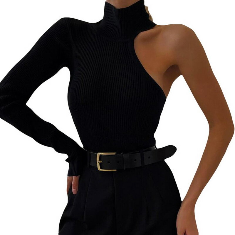 Body negro básico de un hombro para mujer, body ajustado de manga larga con cuello de tortuga, ropa de calle Sexy a la moda para mujer