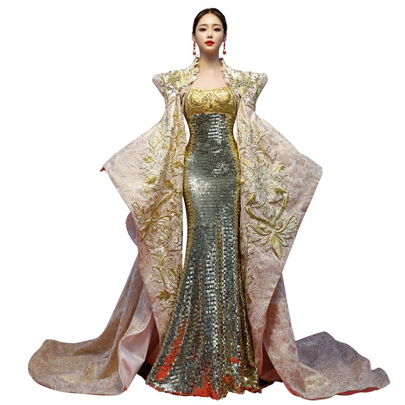 2 stück Gold Dubai Saudi Arabisch Kleid Meerjungfrau Abendkleid Schal mantel Robe Lange Luxus Kleider Mutterschaft Kleider Abendkleider