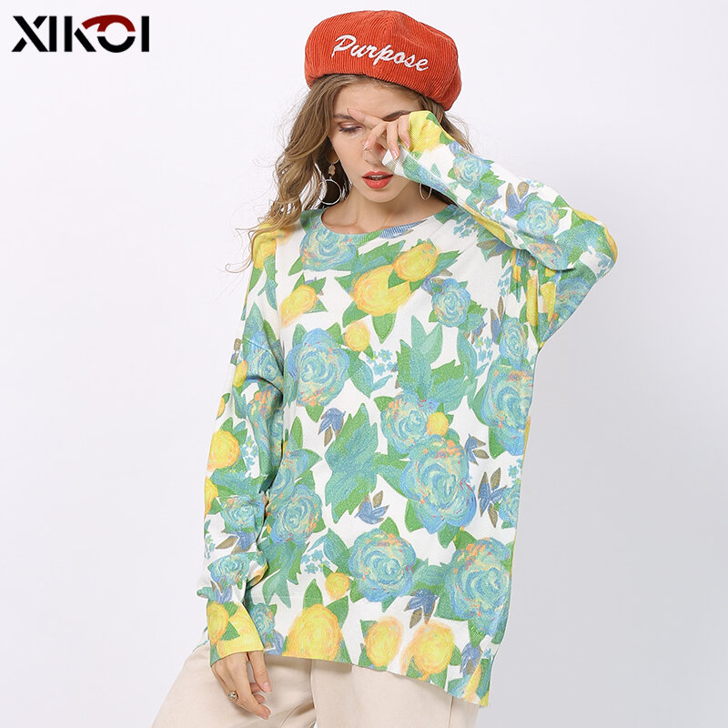 XIKOI-suéter con estampado de rosas para mujer, jersey de gran tamaño con cuello redondo, Jersey de punto, talla grande