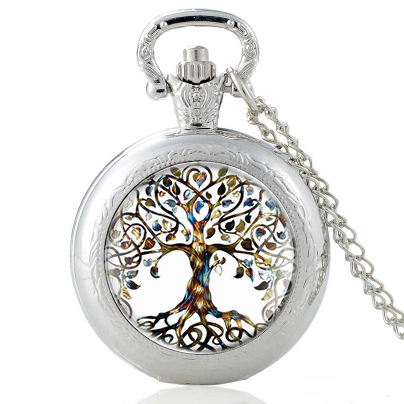 Черный классический модный дизайн «Древо жизни», стеклянный кабошон, кварцевые карманные часы, Винтажный Мужской и женский кулон, цепочка с ожерельем