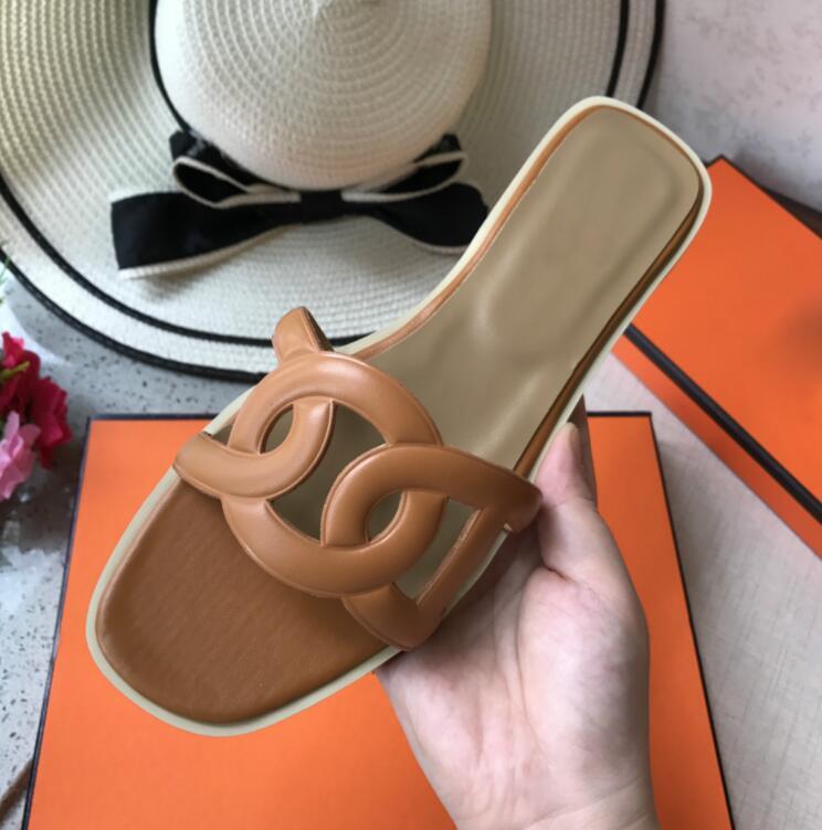 H marque classiques femmes plat sandale en cuir véritable marron plat pantoufle à la mode chaussures de plage en cuir pantoufles 35-42 sans boîte