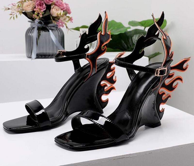 Tacchi alti sandali con motivo a fiamma donna Anke-Strap cunei a forma di fuoco scarpe donna moda passerella estate Sandalias Mujer 2020