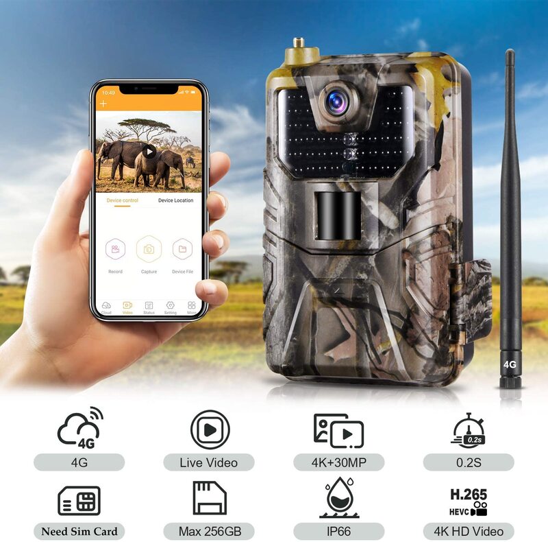 Caméra de chasse sans fil avec vision nocturne, diffusion en direct, service cloud, 4G, 30MP, HC900PRO, 0.3S