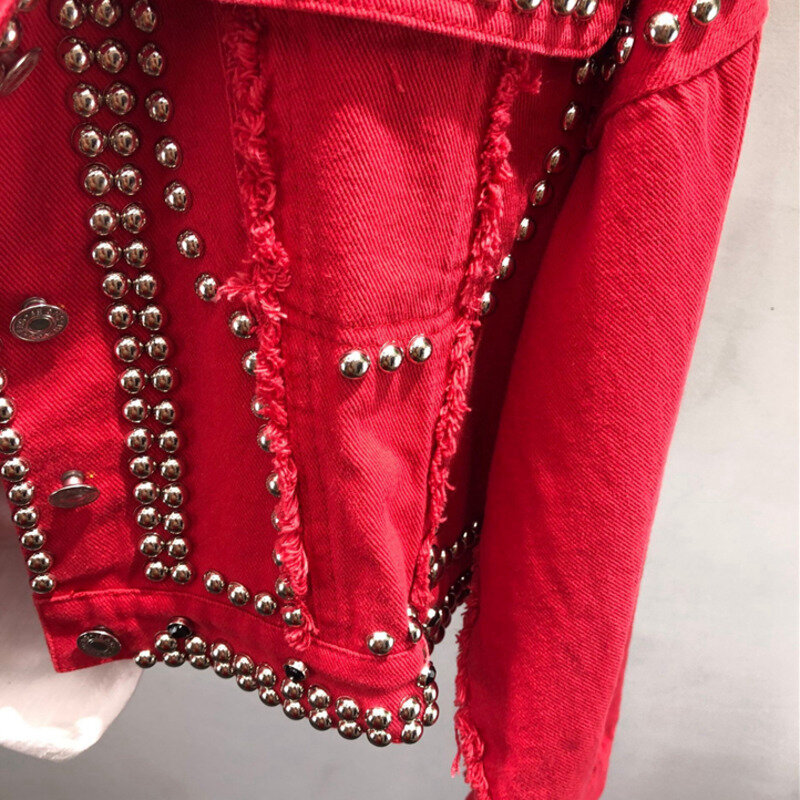 Mantel Jaket Denim Merah Harajuku Wanita Musim Semi Musim Gugur Jaket Jeans Hitam Pendek Bermanik-manik Tangan Mantel Dasar Siswa Jaquetas Feminina