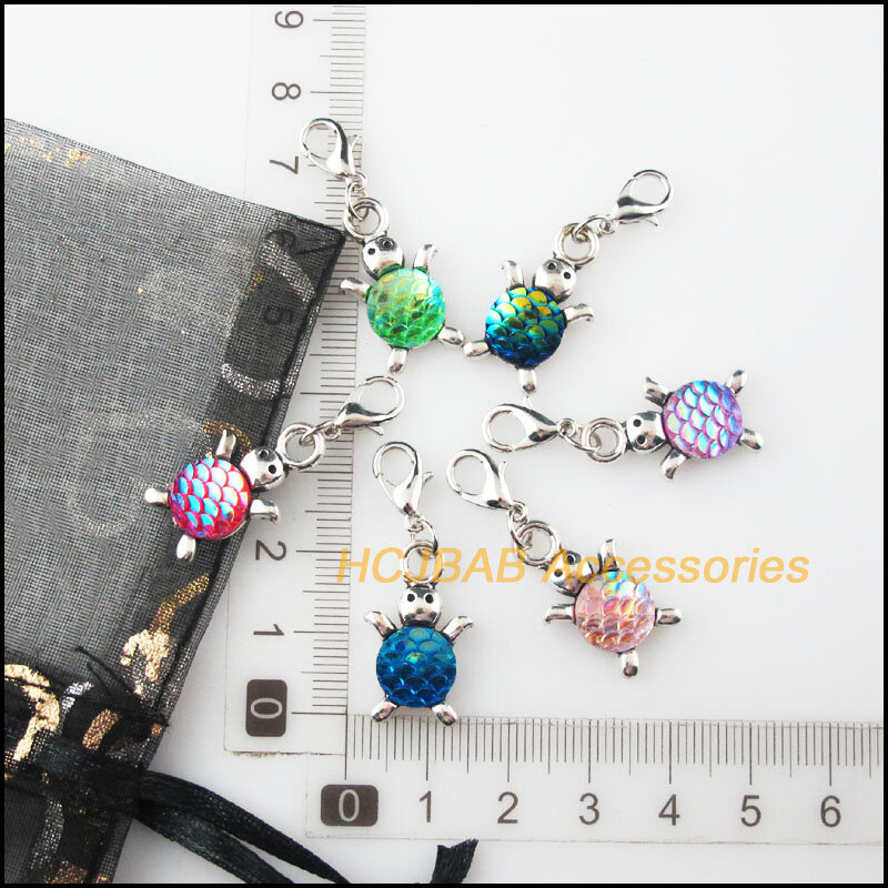 12Pcs Tibetan Silver Plated Animal Tortoise Mixed Resin Charms Pendants With Lobster Claw Clasps 14x23mm