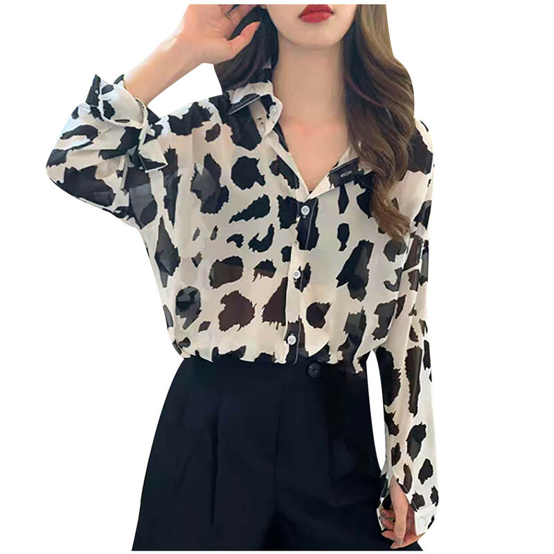 Camisa de manga longa com estampa de leopardo, blusa feminina sexy com gola virada para baixo, estilo fino e respirável