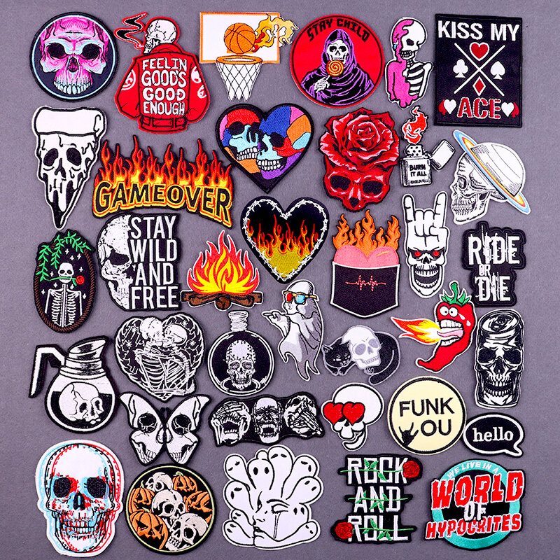 Flame Letters Stickers Iron On Patches For Clothing Thermoadhesive Patches Punk Skull Embroidered Patches On Clothes Badges DIY