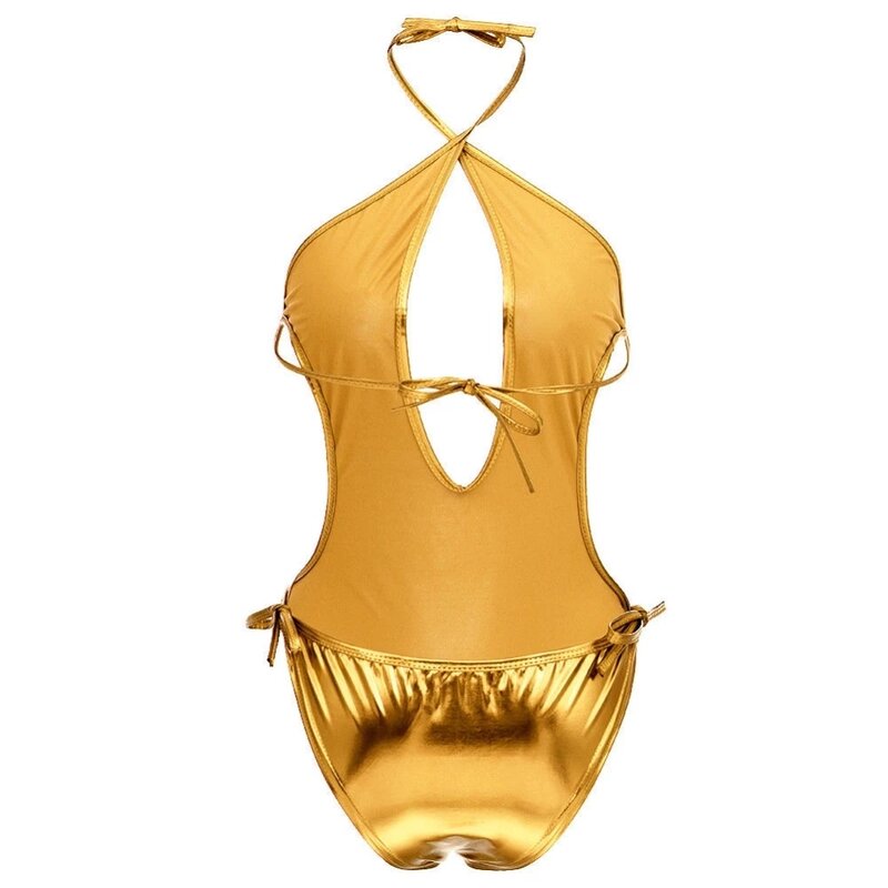 2021 Pakaian Wanita Seksi Mengkilap Metalik V Dalam Halter Teddy Leotard Bodysuit Buka Kembali Catsuit Clubwear Pakaian Tari Tiang 10 Warna