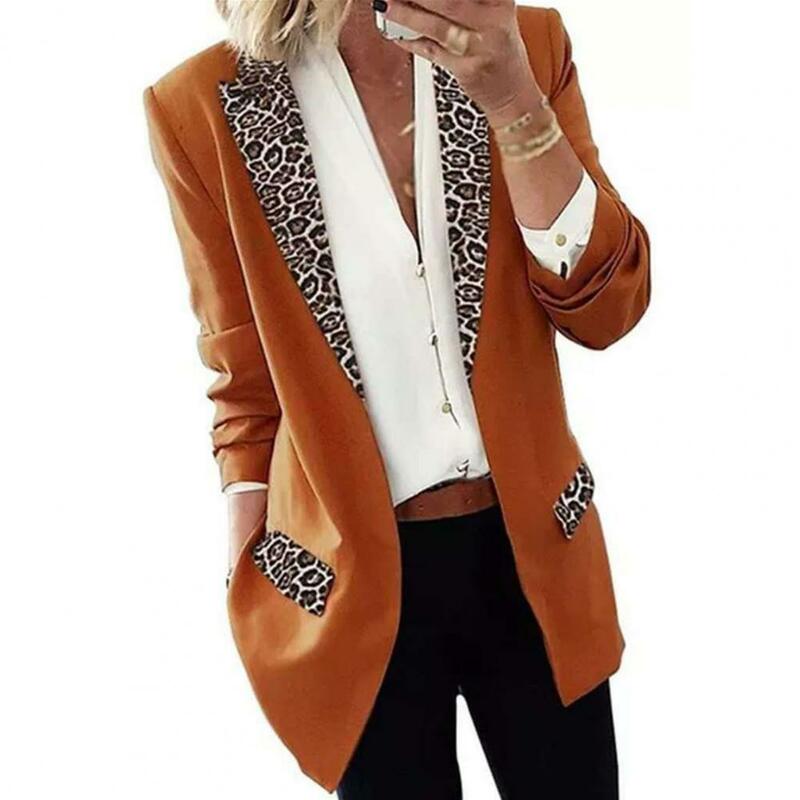 ผู้หญิง Lapel Leopard Patchwork เซ็กซี่เสื้อแขนยาวเปิดด้านหน้าเสื้อแจ็คเก็ตสำนักงานฤดูใบไม้ร่วง Elegant Slim Cardigan Outerwear