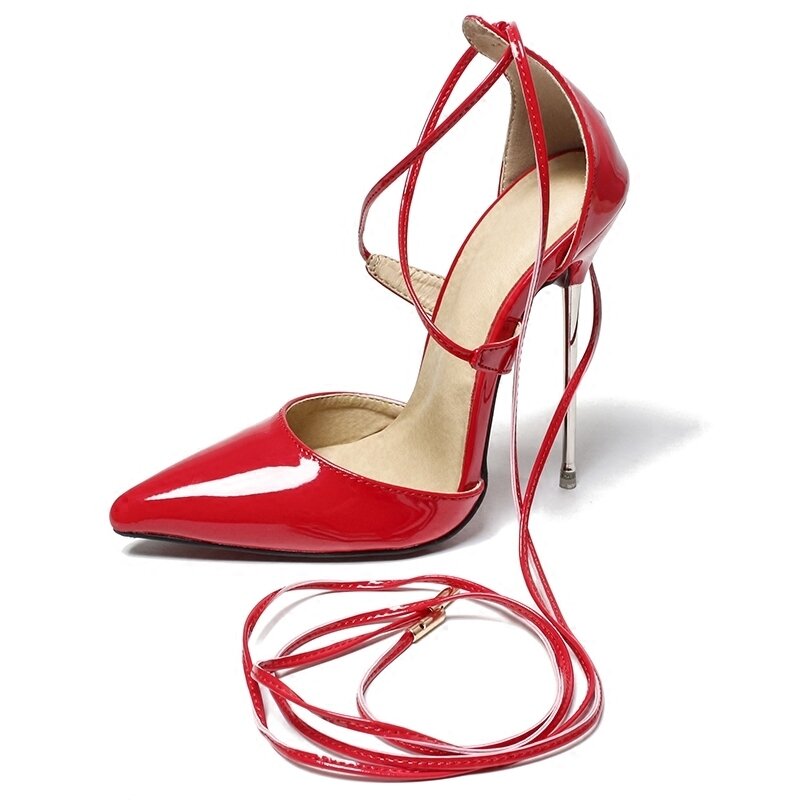 2019 nuove décolleté con tacco alto incrociato donna estate 13CM scarpe da pista Sexy a spillo in metallo a punta sandali da sposa neri rossi di lusso