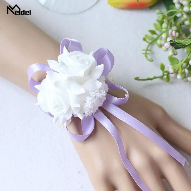 Meldel-花嫁と結婚式のための花のブレスレット,手首に着用する人工の花のブレスレット,花嫁介添人と姉妹のための