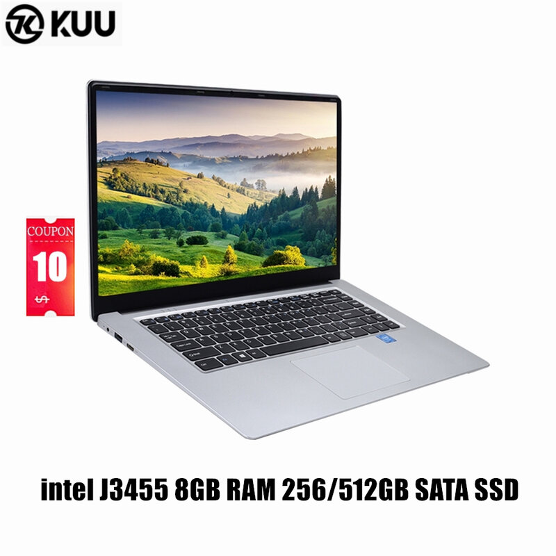 KUU intel J3455 czterordzeniowy Ultrabook 15.6 calowy Laptop studencki 8GB RAM 256GB SSD Notebook z kamerą internetową Bluetooth WiFi