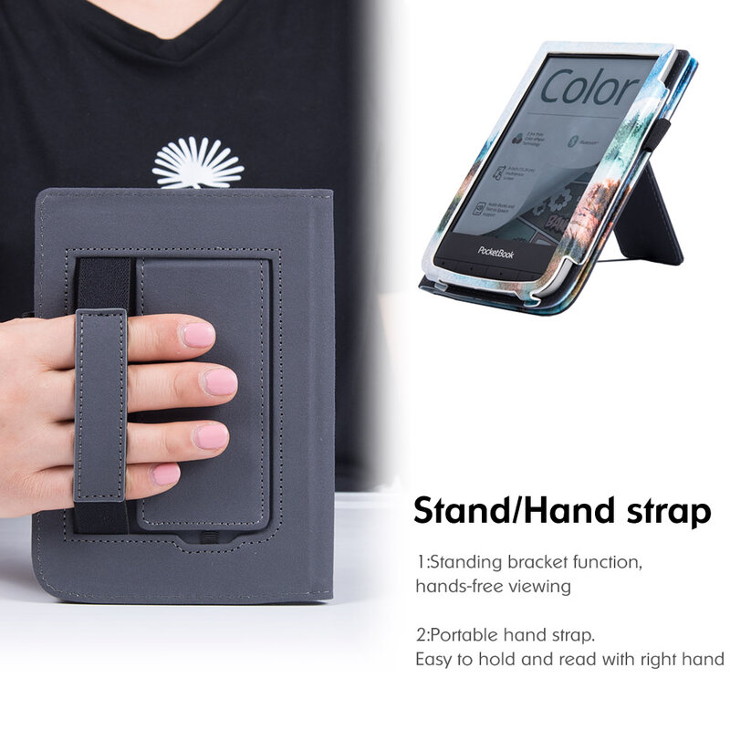 Stand Case for Pocketbook Touch HD 3/Touch Lux 4 5/Basic 4/Basic Lux 2/633 Color eReader - with Hand Strap and Auto Sleep/Wake