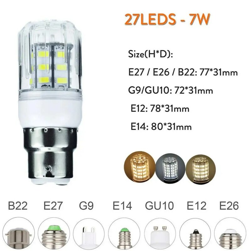 Lâmpadas de milho LED interior, holofotes para casa, lâmpadas de mesa brilhantes, DC 12V, 24V, 27LEDs, E27, G9, GU10, E26, E12, E14, B22, 7W, 27