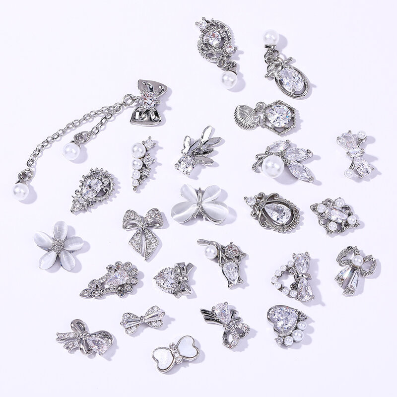 HNUIX 2 Pieces 3D Silver Nail Art Jewelry Japanese Nail Decoration High Quality Zircon Crystal Manicure Zircon Diamond Amulet