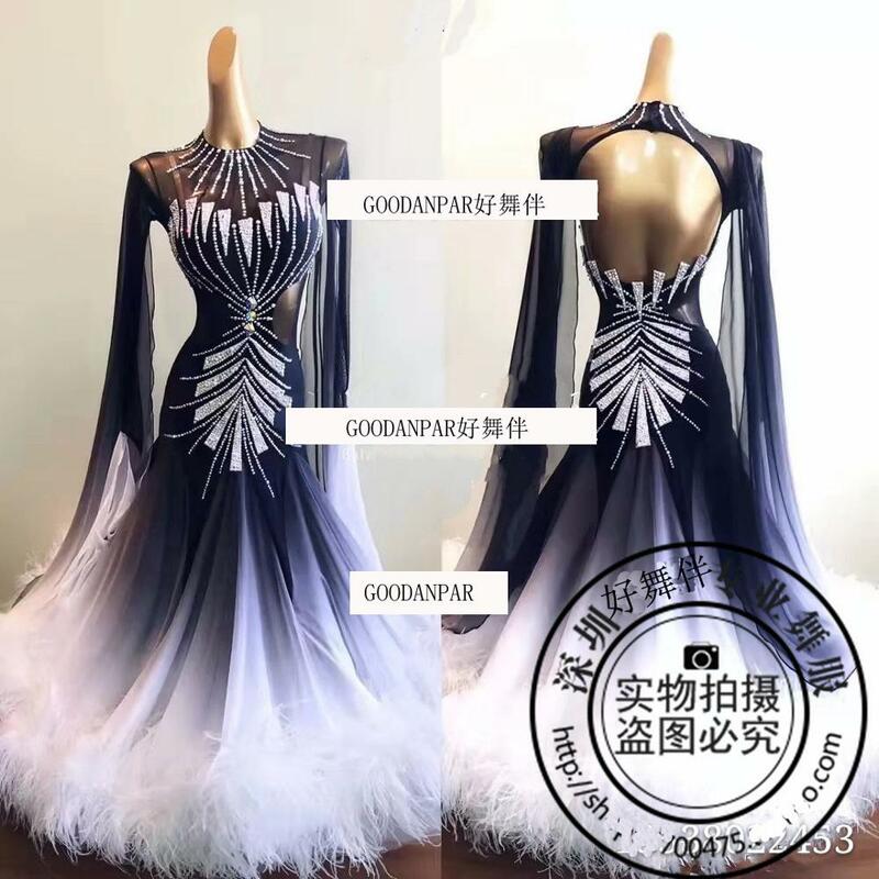 New! costumes ballroom dance dress for women competition dresses standard dress white dancing clothes long sleeveostrich feather