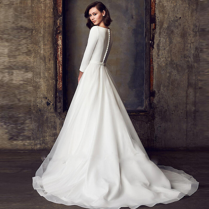 Elegant Satijn Bruidsjurken Voor Vrouwen 2021 Wit Drie Kwart Mouwen A-lijn Zakken Vintage Bruid Jurk Eenvoudige Robe De Mariee