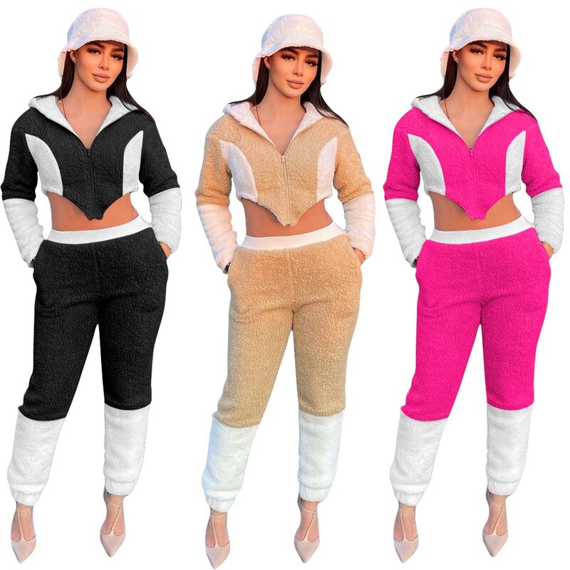 Teddy Cashmere Color Block Patchwork Tracksuit Women Casual Outwear Zipper Irregular Crop Top + Pants Slim Two Piece Set Suits