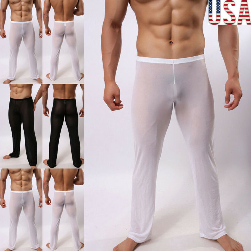 Hiriginr ผู้ชายเซ็กซี่ตาข่าย Sheer ดูผ่านกางเกงยืดกางเกงชุดนอนร้อนโปร่งใสกางเกงผู้ชาย Homewear