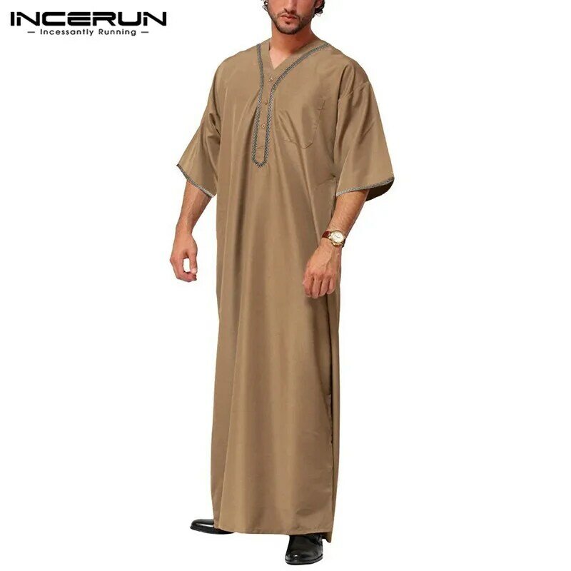 INCERUN mężczyźni Vintage pół rękawa muzułmańskie Kaftan szaty wypoczynek V Neck wydrukowano Jubba Thobe solidny Patchwork arabski ubrania Plus Size7