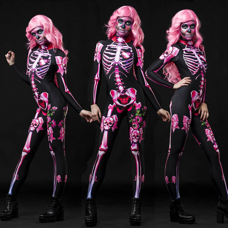 Esqueleto rosa sexy feminino halloween diabo fantasma macacão festa carnaval desempenho assustador traje crianças bebê menina dia dos mortos