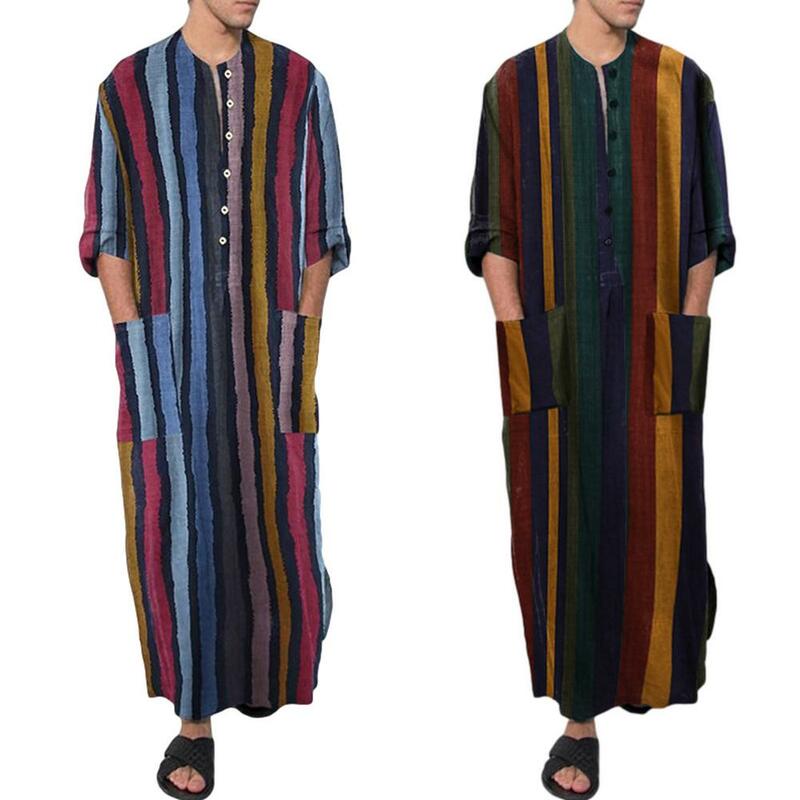 Caftán musulmán de manga larga con bolsillos sueltos para hombres, ropa islámica a rayas Vintage de algodón, Arabia Saudita