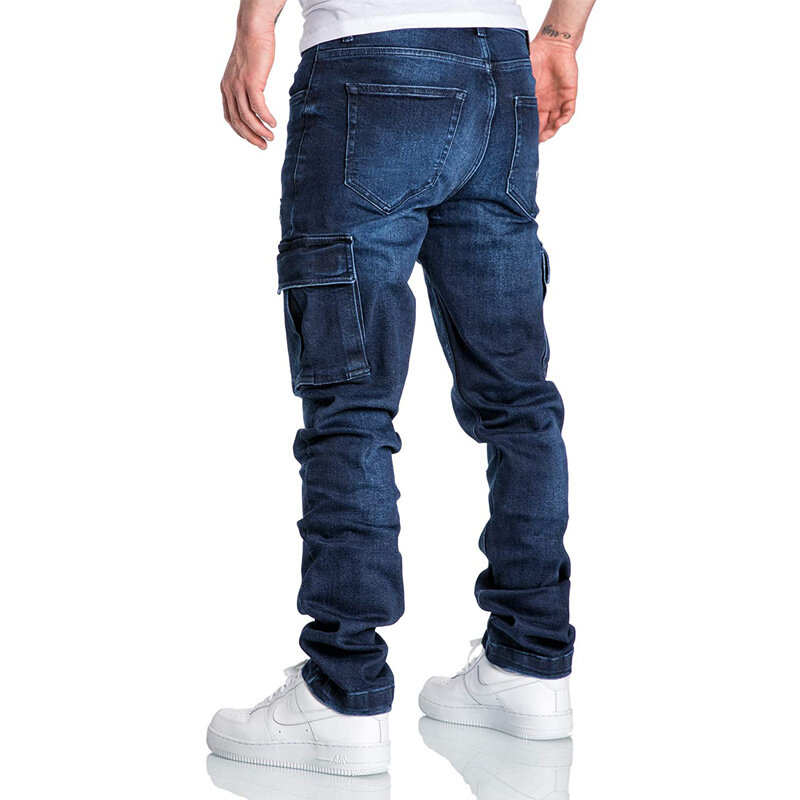 Pantaloni Casual da uomo 2021 pantaloni blu multitasche moda Hip-Hop Slim Straight Outdoor Running tuta lavata Jeans alta qualità