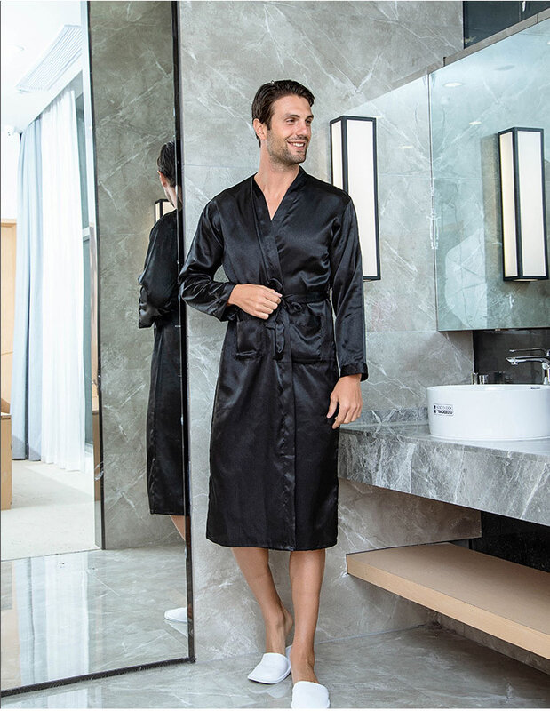 Pijamas de seda para hombre, bata de baño informal con cuello en V, Kimono, Yukata, color negro