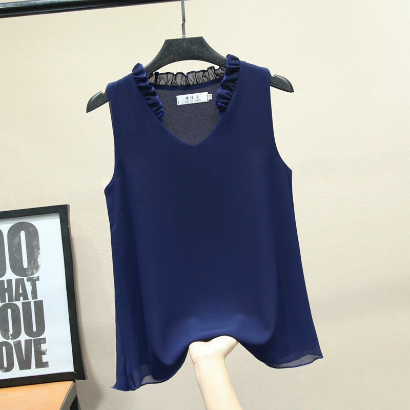 여성 블라우스 새로운 패션 식용 나무 곰팡이 민소매 v 넥 셔츠 여성 쉬폰 블라우스 여름 캐주얼 루즈 탑 blusas mujer