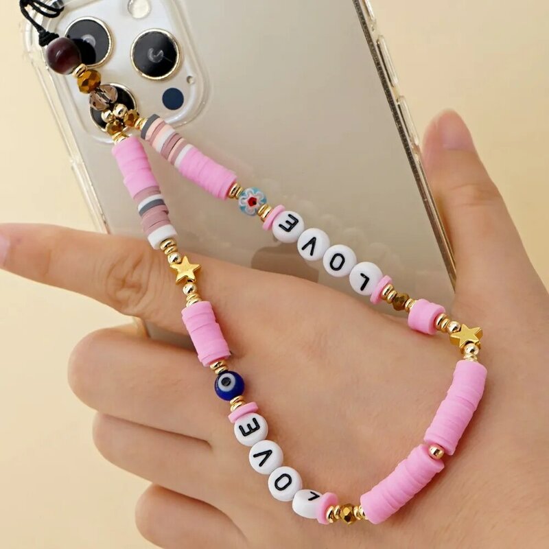 2022 Hot Phone Chain Beaded Strap Wrist Mobile Phone Lanyard LOVE Letter Vinly Heishi Chains Star Charm Evil Eye Jewelry цепочка