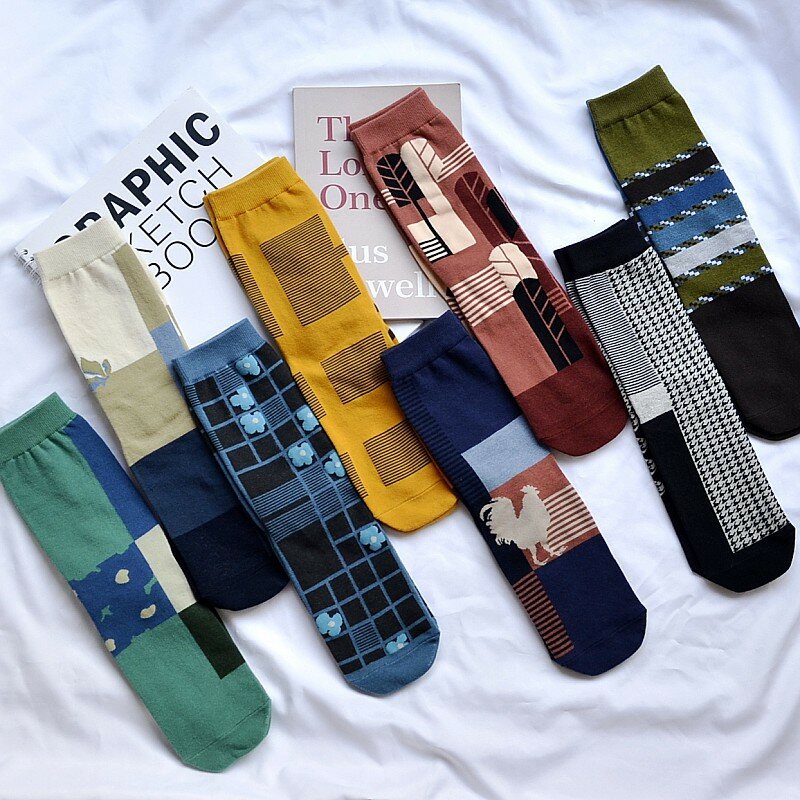 Модные эстетические носки с геометрическими фигурами; Носки унисекс из чесаного хлопка; Корейские художественные носки Harajuku; Прямая поставка; 2020