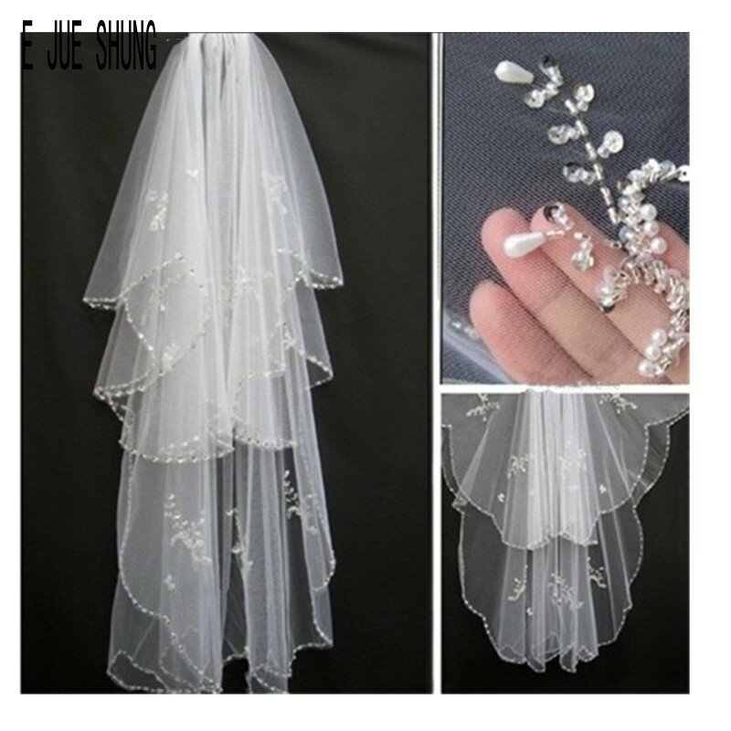 E JUE SHUNG قصيرة مطرز حافة الحجاب الزفاف للعروس طبقتين الحجاب الزفاف اكسسوارات الزفاف الزواج