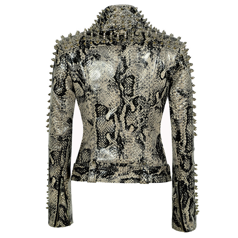 Nova jaqueta feminina para primavera estampa de leopardo pu rebites casaco com zíper gola alta com cinto moto couro sintético