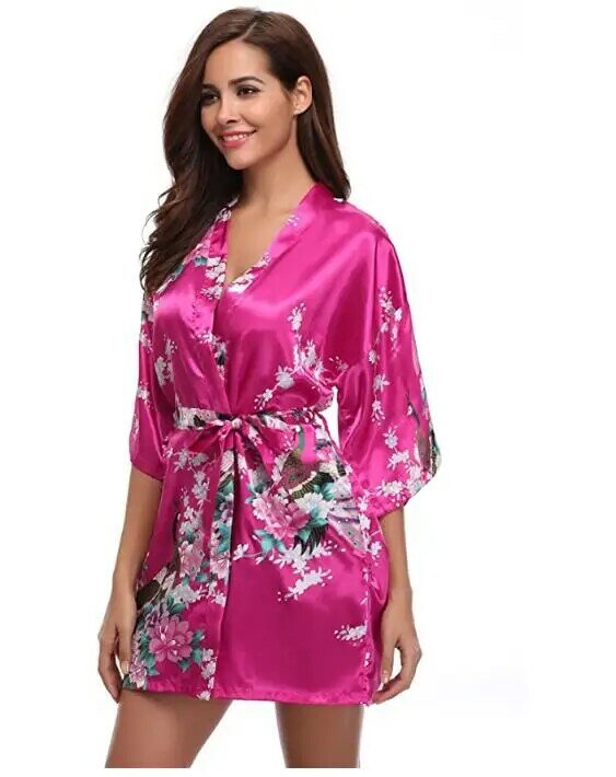 Brand Purple Female Printed Floral Kimono Dress Gown Chinese Style Silk Satin Robe Nightgown Flower S M L XL XXL XXXL
