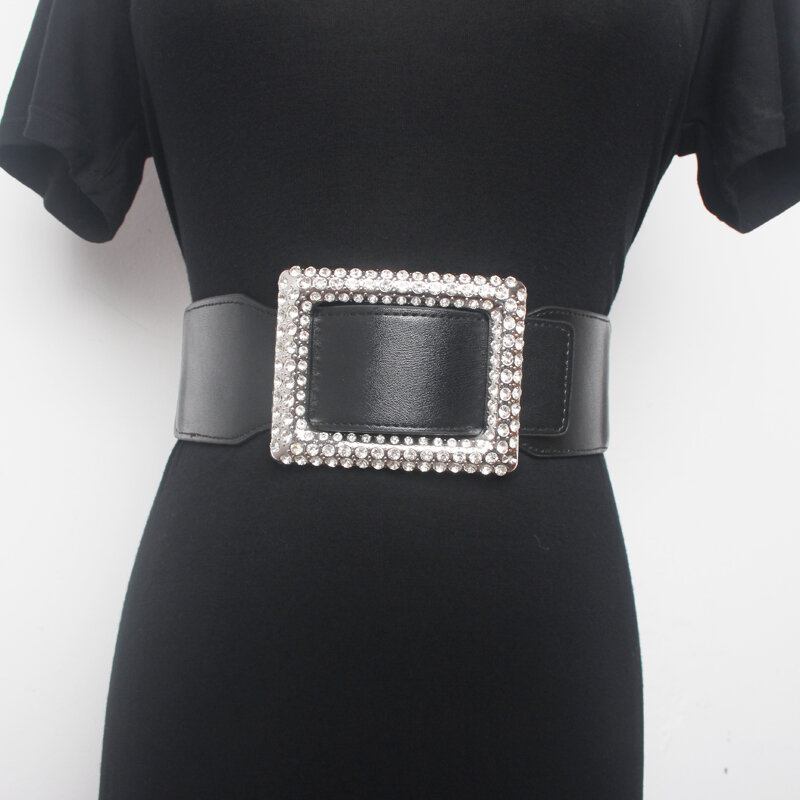 Nuovo Design bianco sigillo in vita per donna argento lusso cristallo rettangolo fibbia cintura abito camicia nero elastico largo cinturini ragazza