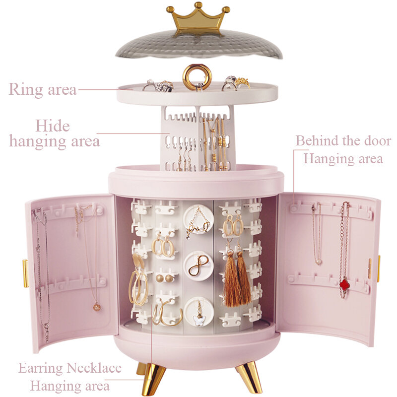 Coroa 360 rotativa jóias organizador brinco anel de exibição caixa de armazenamento cosméticos colar desktop organizador 2022 dropshipping