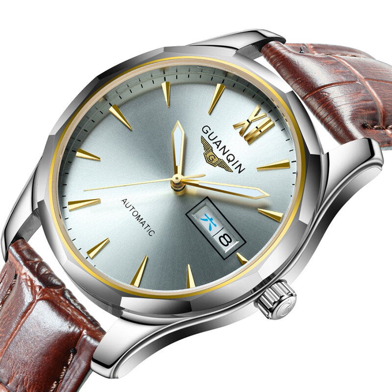 Guanqin 自動機械式メンズ腕時計タングステン鋼革ストラップ発光腕時計カレンダー日本運動腕時計メンズ