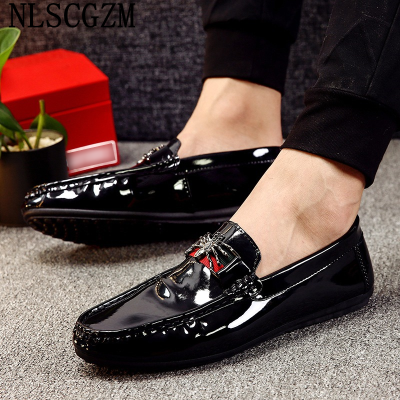 Chaussures décontractées en cuir verni pour hommes, mocassins noirs à enfiler, marque de luxe, haute qualité, mode 2024