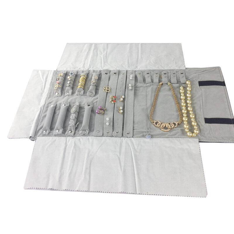 Bolsa de armazenamento de joias de veludo cinza portátil para viagem, dobrável, brincos, corrente, pingente, colar, bolsa de armazenamento