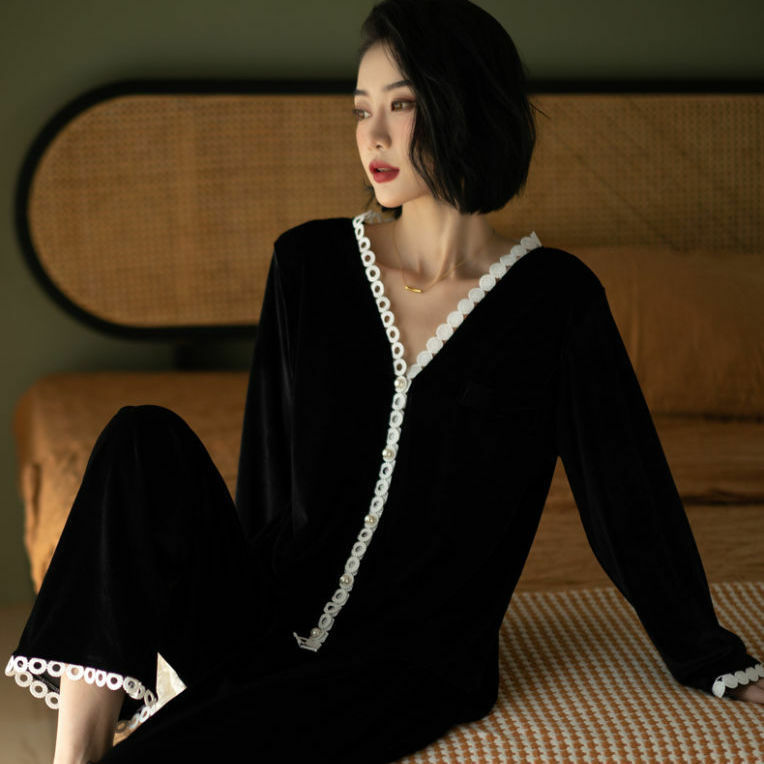 Ấm Cúng Nhung Bộ Đồ Ngủ Cho Nữ Thu Đông Màu Trơn Dài Tay Nhà Quần Áo Ngủ Nữ Rời Pyjamas