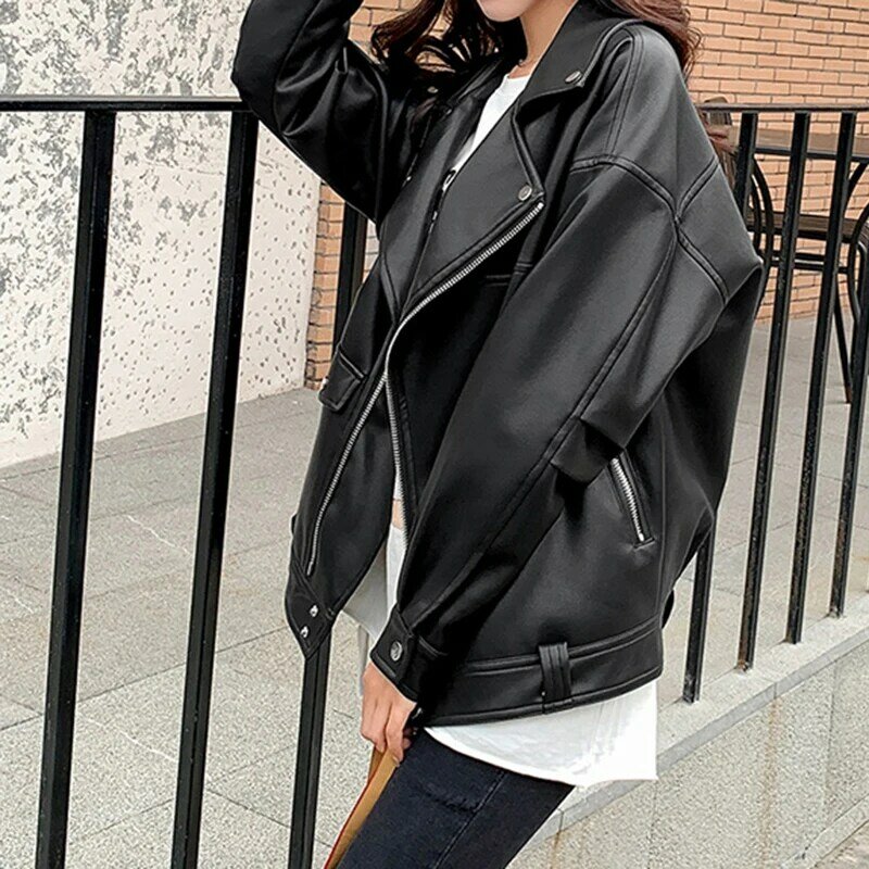 Veste en similicuir noir pour femmes, vestes de moto en PU, manteau coréen, automne, hiver, mode élégante, nouveau, 2024