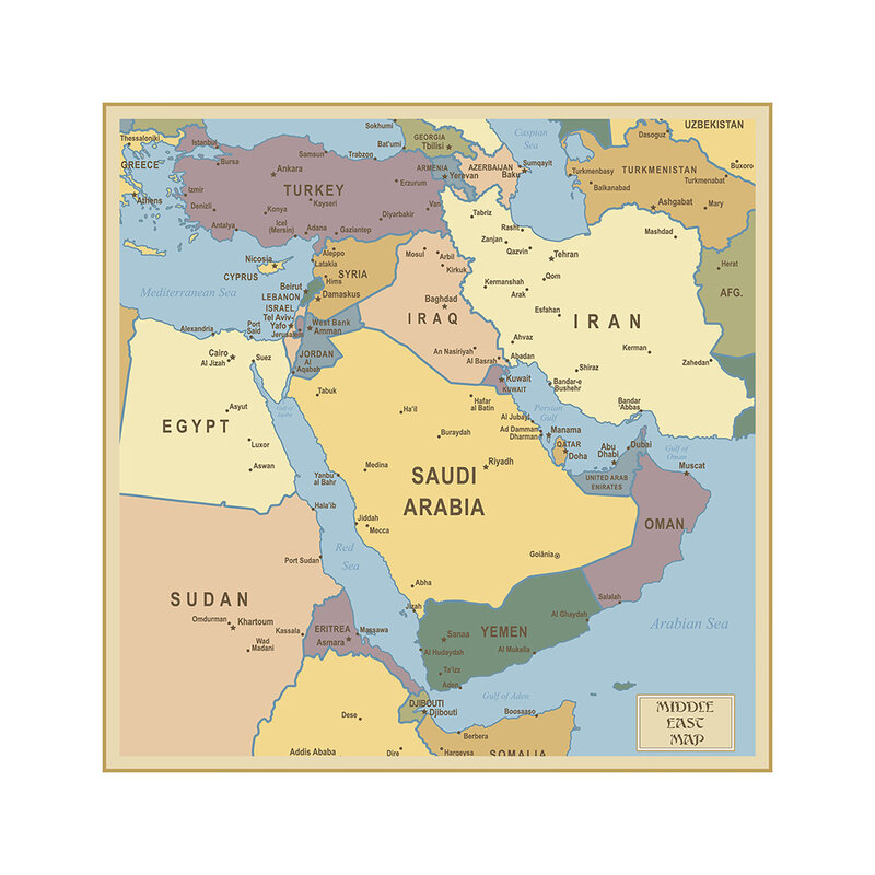 Mapa Política de Oriente Medio, lienzo de pintura no tejido, Póster Artístico para pared, decoración del hogar, suministros escolares, 90x90 cm