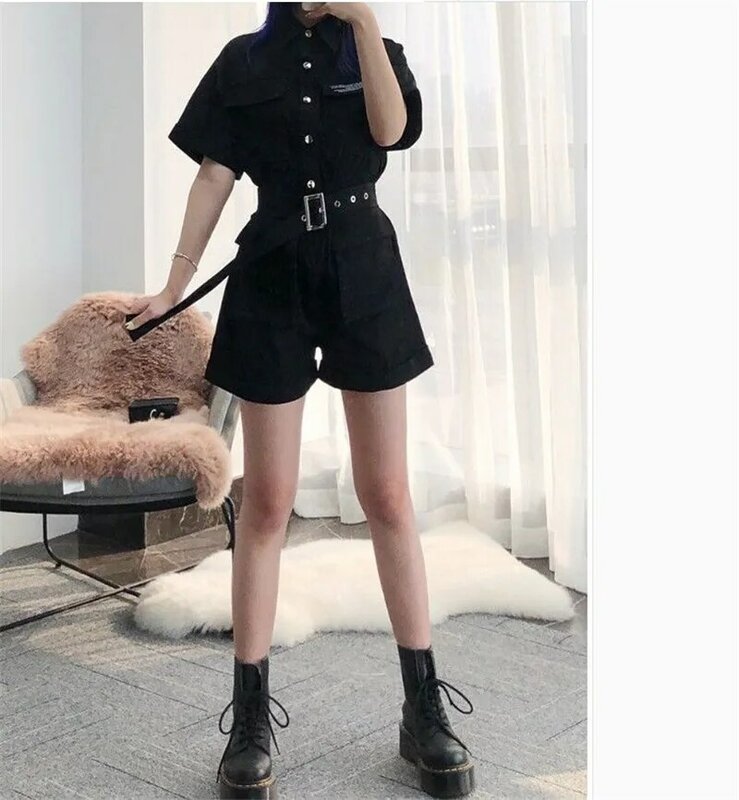 Gothic Cargo Playsuit Female Summer 2020 Solid Black High Waist Short Sleeved Playsuit Wide Leg Suits Overalls Women Combinaison