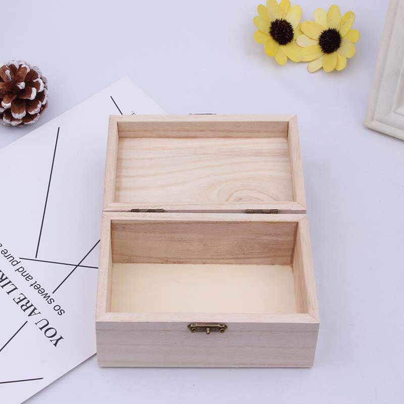 Plain Wood Wooden Square Hinged Storage Boxes Craft Gift Box Simple Storage Container Dust-Proof With Lock Jewelry Box Case