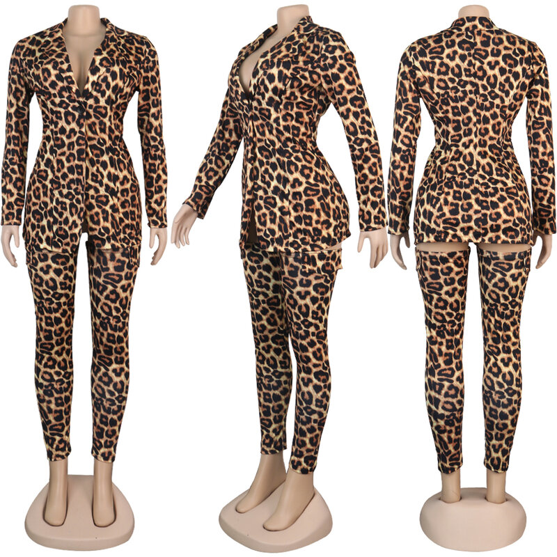 Seksi Leopard Mencetak 2 Sepotong Set Wanita Pakaian Pakaian Mantel Lengan Panjang dan Stoking Wanita Two Piece Yang Sesuai dengan Set Seksi clubwear