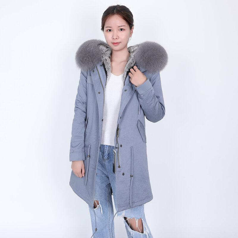 Maomaokong ฤดูหนาวผู้หญิงเสื้อขนสัตว์กระต่ายจริงซับ,Fox Fur Collar,ยาวผู้หญิงสีเทา Parka Coat ฤดูหนาวกลางแจ้ง
