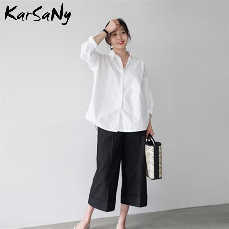 Karsane-Camisa de namorado grande para mulheres, tops de manga comprida, blusa feminina, camisa preguiçosa de algodão branco, preto, XL