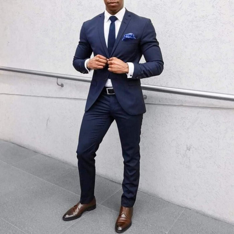 2021 Nieuwe Collectie Notched Revers Marineblauw Mens Suit One Button Slim Fit Bruidegom Tuxedos Tailor Made 2 Stuks Pak terno Masculino