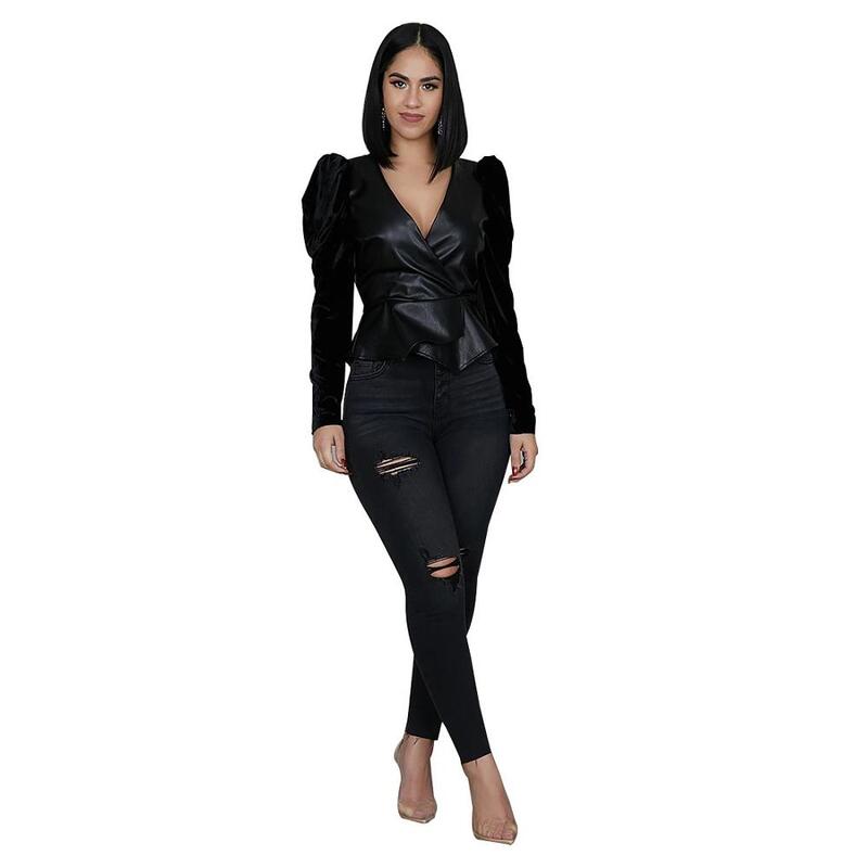 2020 Women's Black PU Leather  V-neck Shoulder Pleats  Back zipper Lady Tight Waist top sleeve Suede Sleeve Petals
