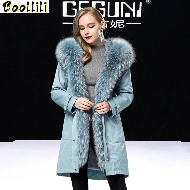 Real Boollili 2023 cappotto di pelliccia femminile fodera di pelliccia di coniglio naturale Parka giacca invernale donna collo di pelliccia di procione Trench lungo